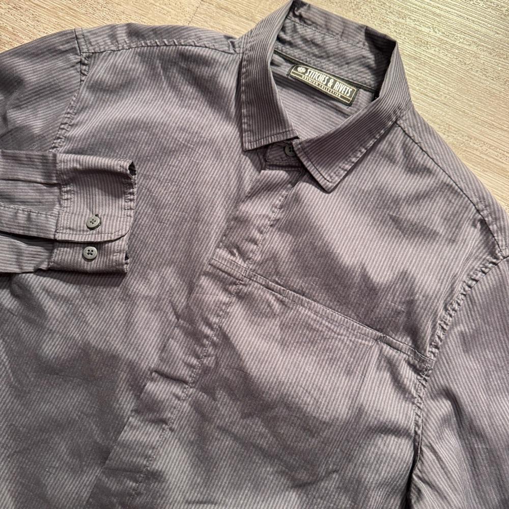 Stitches & Rivets Shirt Mens M Gray Striped Cotton Stretch Business Premium